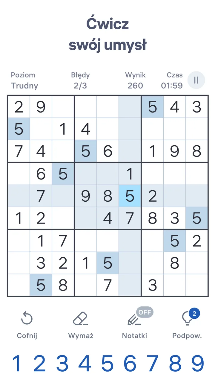 Klawiatura numeryczna i tryb notatek w aplikacji Sudoku.com