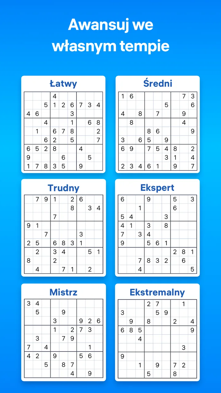 Ekran wyboru poziomu trudności w aplikacji Sudoku.com