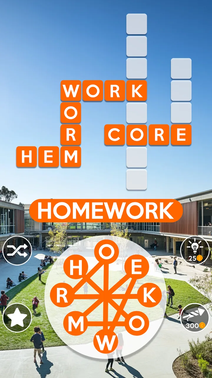 Siatka z hasłami i koło liter w grze Wordscapes